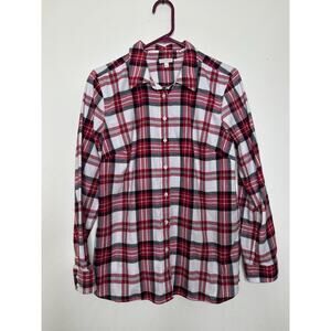 Talbots Woman’s Size Medium Flannel Cotton Button Up Soft Tartan Cream Red Green